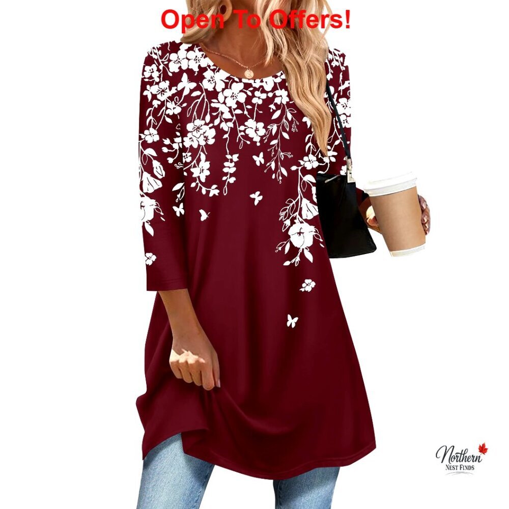 Polyester Spandex 3/4 Sleeve Tunic Top Loose Fit Blouse